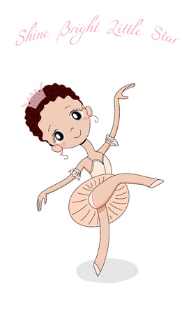 Hand drawn vector illustration of a cute little ballerina girl in a beautiful dress and crown, text Shine bright little star. Isolated objects on white background. Design concept for children, dancingのイラスト素材