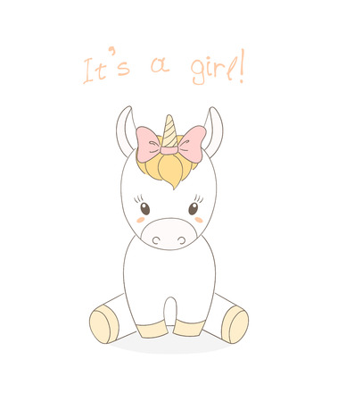 Hand drawn vector illustration of a cute little baby unicorn girl with a pink ribbon, text It s a girl. Isolated objects on white background. Unfilled outline. Design concept for children.のイラスト素材