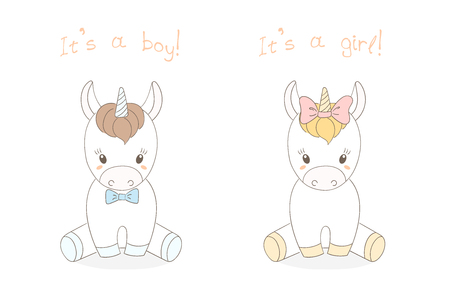 Hand drawn vector illustration of a cute little baby unicorns boy and girl, text It s a boy, It s a girl. Isolated objects on white background. Unfilled outline. Design concept for children.のイラスト素材