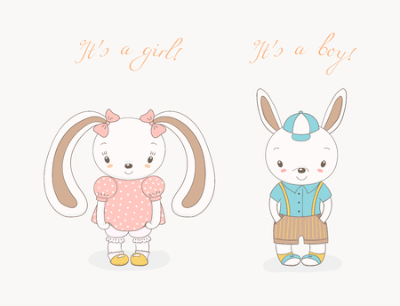 Hand drawn vector illustration of little smiling bunny boy in shorts with suspenders and girl with ribbons, text It s a boy, It s a girl. Isolated objects on white background. Design concept for kidsのイラスト素材