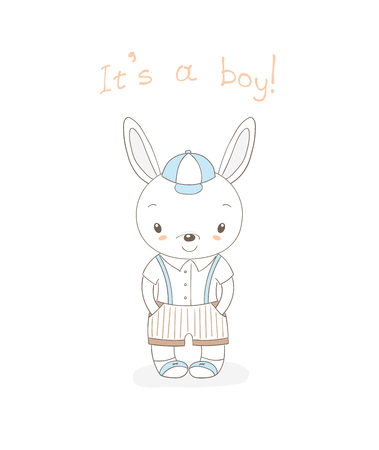 Hand drawn vector illustration of a little smiling bunny boy in baseball cap, shorts with suspenders, text It 's a boy. Isolated objects on white background. Unfilled outline. Design concept for kids.のイラスト素材