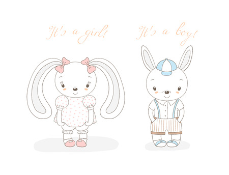 Hand drawn vector illustration of a little smiling bunny boy in shorts and girl with bows, text It' s a boy, It' s a girl. Isolated objects on white background. Unfilled outline. Design concept kidsのイラスト素材