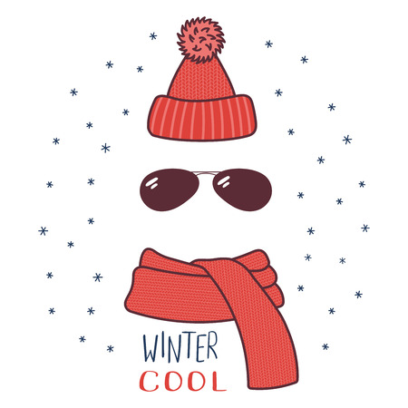Hand drawn vector illustration of a warm funny knitted hat, sunglasses, muffler, text Winter cool. Isolated objects on white background with snowflakes. Design concept for winter, cold weather, snow.のイラスト素材