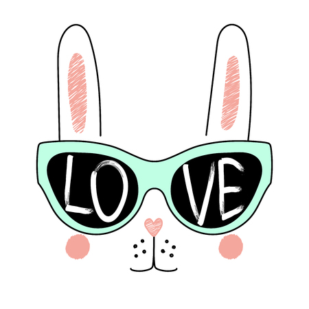 Hand drawn vector illustration of a funny bunny face in sunglasses, with text Love written inside the lenses. Isolated objects on white background. Design concept for children.のイラスト素材