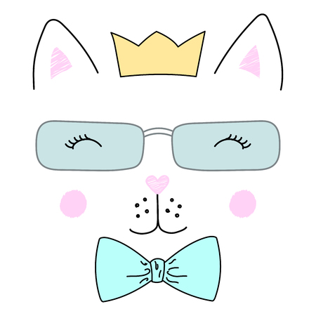 Hand drawn vector illustration of a cute funny cat face in a crown, glasses and bow tie. Isolated objects on white background. Design concept for children.のイラスト素材