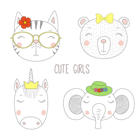 Set of hand drawn cute funny portraits of cat, bear, unicorn, elephant girls with flowers and hats. Isolated objects on white background. Vector illustration Design concept for kids.のイラスト素材