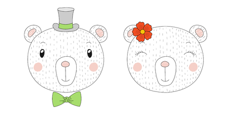 Hand drawn vector portraits of a funny bears girl and boy with flower and hat. Isolated objects on white background. Vector illustration. Design concept for children.のイラスト素材