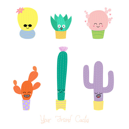 Set of hand drawn cute funny cacti in pots with different face expressions and emotions, text Your friend cactus.  Isolated objects on white background. Design concept for icons, emoticons, stickers.のイラスト素材