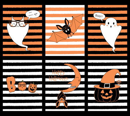Set of hand drawn templates for Halloween greeting cards, invitations, posters, with cute cartoon characters, ghost cat Meow (Nya) in Japanese. Vector illustration. Design concept for children.のイラスト素材