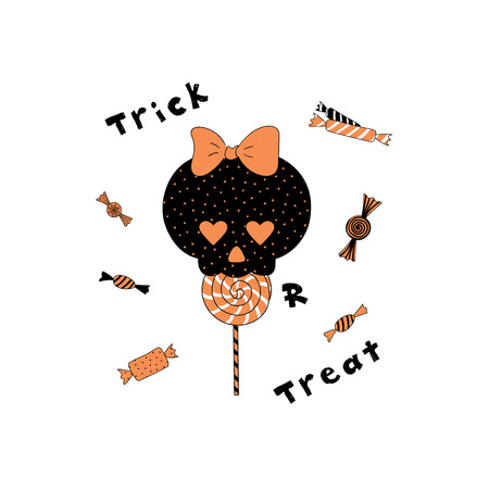 Hand drawn vector illustration of a funny cartoon skull with heart shaped eyes, eating lollipop, with candy and text Trick or Treat. Isolated objects on white background. Design concept Halloween.のイラスト素材