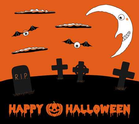 Hand drawn vector illustration of graveyard landscape, with clouds and smiling crescent moon in the orange sky, with text Happy Halloween and a pumpkin. Isolated objects. Design concept for children.のイラスト素材