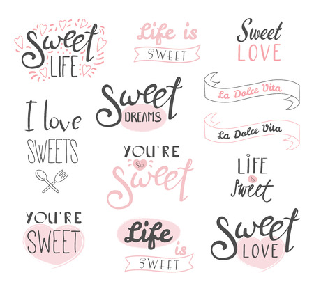 Set of different typography elements about sweets, life and love, Italian text La dolce vita (Sweet life). Isolated objects on white background. Design concept dessert, kids.のイラスト素材