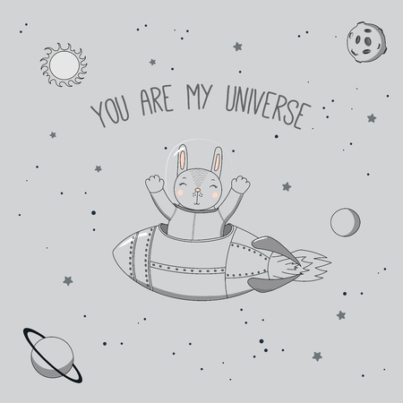 Hand drawn vector illustration of a cute funny rabbit astronaut flying in a rocket in outer space, with text You are my universe. Isolated objects. Unfilled outline. Design concept for children.のイラスト素材