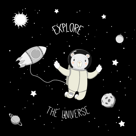 Hand drawn vector illustration of a cute funny bear astronaut on a spacewalk in outer space, with text Explore the universe. Isolated objects. Design concept for children.のイラスト素材
