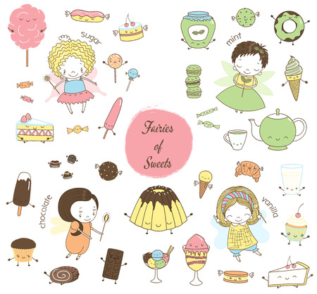 Set of different hand drawn sweet food doodles, with kawaii cartoon faces, arms, legs, cute fairy girls with wings and magic wands. Isolated objects on white background. Design concept dessert, kids.のイラスト素材