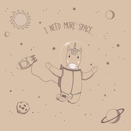 Hand drawn vector illustration of a cute funny unicorn astronaut on a spacewalk in outer space, with text I need more space. Isolated objects. Unfilled outline. Design concept for children.のイラスト素材