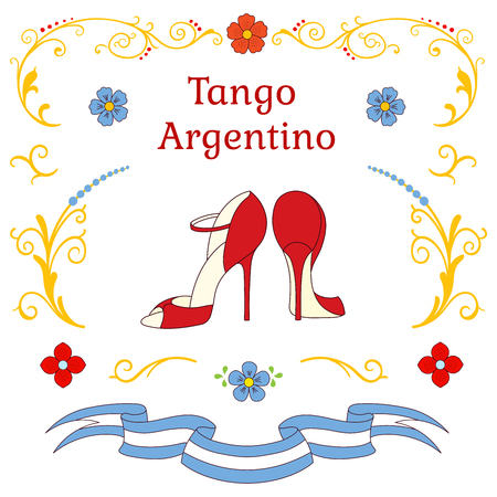 Hand drawn vector illustration with argentine tango design elements - women dancing shoes, text, traditional Buenos Aires fileteado ornaments. Isolated objects on white background. Concept for dance.のイラスト素材