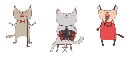 Hand drawn vector illustration with funny cute cats singing tango, playing bandoneon. Isolated objects on white background. Design concept for argentine tango.のイラスト素材