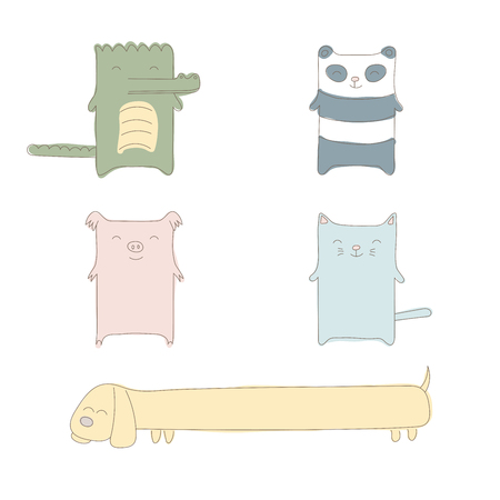 Collection of hand drawn simple vector doodles of cute and funny cartoon animals - panda, cat, crocodile, pig and very long dog. Isolated objects on white background. Design concept for children.のイラスト素材