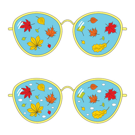 Hand drawn vector illustration of thin rim glasses with autumn leaves and clouds reflected inside the lenses. Isolated objects on white background. Design concept for change of seasons.のイラスト素材