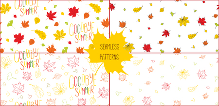 Set of hand drawn seamless vector patterns with autumn leaves and quote Goodbye summer, on a white background. Design concept for textile print, wallpaper, wrapping paper.のイラスト素材