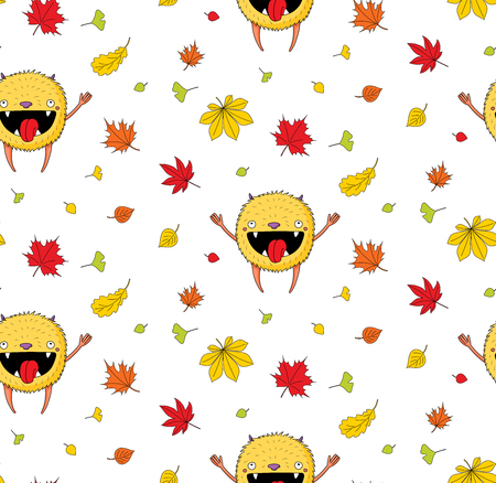 Hand drawn cute seamless vector pattern with a cute little monster jumping happily among the autumn leaves, on a white background. Design concept for children textile print, wallpaper, wrapping paper.のイラスト素材