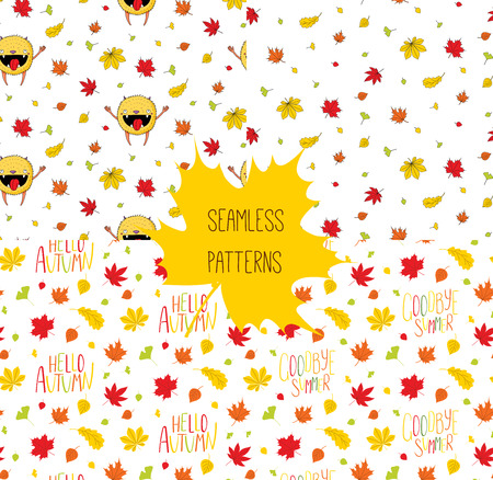 Set of hand drawn seamless vector patterns with happy little monster, autumn leaves and quotes Hello autumn, Goodbye summer, on a white background. Design concept for children textile print, wallpaperのイラスト素材