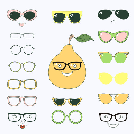 Hand drawn vector illustration of a cute funny pear with a set of different faces, glasses and sunglasses. Isolated objects. Design concept for children. Do it yourself.のイラスト素材
