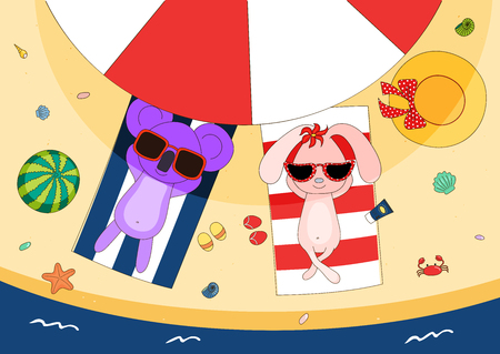 Hand drawn vector illustration of a cute koala and bunny in sunglasses lying on towels, in the shade of a beach umbrella, with straw hat and watermelon. Isolated objects. Design concept for children.のイラスト素材