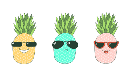 Set of hand drawn cute funny stickers with pink, yellow and turquoise pineapples wearing different sunglasses, with text Be cool.  Isolated objects on white background. Design concept.のイラスト素材