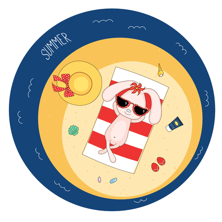 Hand drawn vector illustration of a cute bunny in sunglasses lying on a striped beach towel, sunbathing, with straw hat, flip flops and flower, text Summer. Isolated objects. Design concept children.のイラスト素材