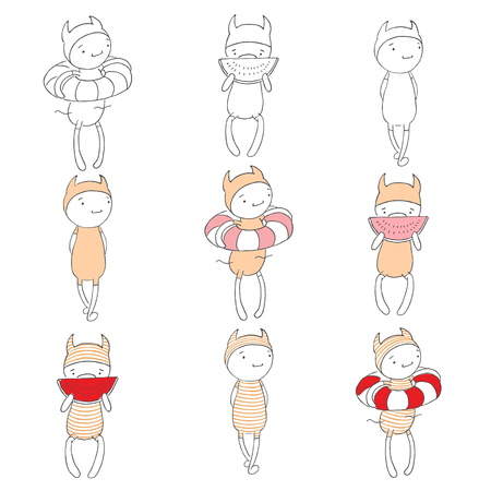 Set of hand drawn vectors of a funny cartoon character in jump suit and hat, taking a stroll, swimming, eating watermelon. Design elements for children - poster, sticker, T-shirt, textile print.のイラスト素材