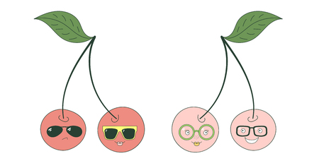 Set of hand drawn cute funny stickers with pink and red cherries wearing different glasses. Isolated objects on white background. Vector illustration Design concept for children.のイラスト素材