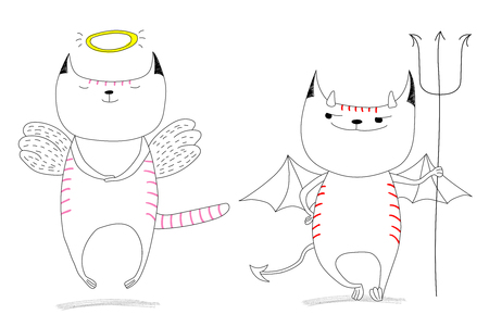 Hand drawn vector doodles of cute funny angel cat and devil cat. Isolated unfilled outlines. Design concept for children - poster, postcard, sticker, t-shirt print.のイラスト素材