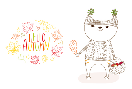 Hand drawn vector illustration of cat in knitted cap and sweater, holding basket with mushrooms, wreath of leaves and text Hello Autumn. Isolated objects on white background. Design concept for kids.のイラスト素材