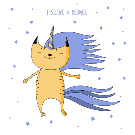 Hand drawn vector doodle of cute funny unicorn cat flying among the stars, with text. Isolated objects on white background. Design concept for children - postcard, t-shirt, mug or bag print.のイラスト素材