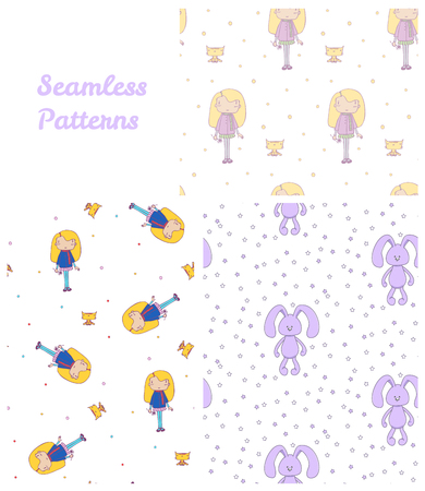 Set of hand drawn cute seamless vector patterns with cuddly rabbit with big ears, little girl with long hair, holding flower, and a striped kitten on a white background. Design concept for children.のイラスト素材