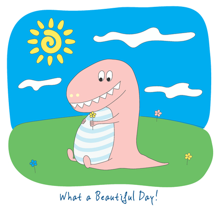 Hand drawn full colour vector illustration of a cute funny pink dinosaur with a flower sitting on the grass on a sunny day, with text What a beautiful day. Design concept for children.のイラスト素材