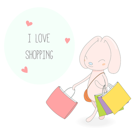 Hand drawn vector illustration of a cute smiling pink bunny with colourful shopping bags, handbag, hearts and text I love shopping. Isolated objects on white background. Design concept for girls.のイラスト素材