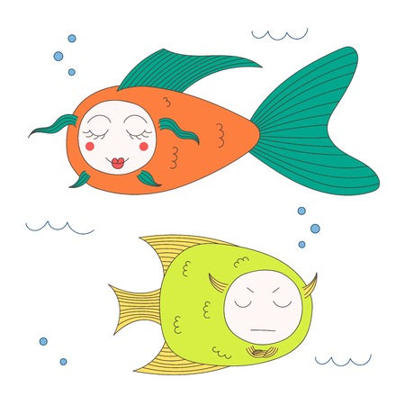 Hand drawn vector illustration of funny fish with cute faces with different expressions, swimming in the sea underwater. Isolated objects on white background. Design concept for children.のイラスト素材