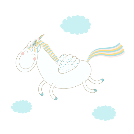 Hand drawn vector illustration of a funny happy smiling winged unicorn flying in the sky among the clouds. Isolated objects on white background. Design concept for postcard, poster, T-shirt print.のイラスト素材