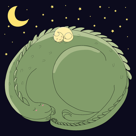 Hand drawn vector illustration of cute sleeping curled up dragon and cat with moon and stars on dark background. Isolated objects. Design concept for children - postcard, poster, T-shirt print.のイラスト素材