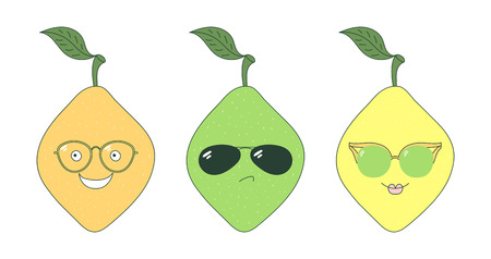 Set of hand drawn cute funny stickers with yellow, orange and green lemons wearing different glasses. Isolated objects on white background. Vector illustration Design concept for children.のイラスト素材