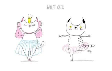 Hand drawn vector doodles of cute funny cats dancing ballet, with text. Isolated unfilled outlines. Isolated unfilled outlines. Design concept for children - poster, postcard, sticker, t-shirt print.のイラスト素材