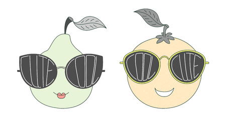 Hand drawn vector illustration of a funny pear and orange in big sunglasses with words Cute and Cool written inside them. Isolated objects on white background. Design concept for children.のイラスト素材