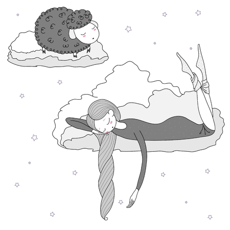 Hand drawn vector illustration of a sleeping girl and sheep floating on the clouds among the stars. Isolated objects on white background. Design concept for children - postcard, poster, T-shirt printのイラスト素材