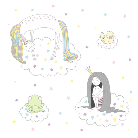 Hand drawn vector illustration of a cute funny unicorn, duck, frog and princess with long hair floating on clouds among stars, sleeping. Isolated objects on white background. Design concept for kids.のイラスト素材