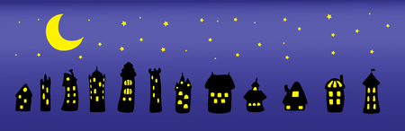 Collection of hand drawn simple vector doodles of cartoon black houses at night with brightly lit yellow windows under the moon and stars. Isolated objects. Design elements.のイラスト素材