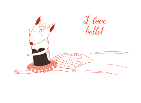 Hand drawn funny poster with a cute cartoon fox ballerina in a tutu and handwritten text I love ballet. Isolated objects on white background. Design concept for children, dancing. Vector illustration.のイラスト素材