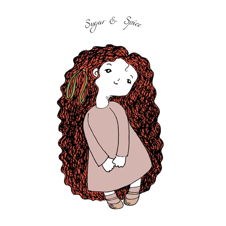 Hand drawn illustration of a cute little girl with very long hair, in simple dress and Mary Jane shoes, looking up. Sugar and Spice. Design for children, postcard, poster, sticker, T-shirt print.のイラスト素材